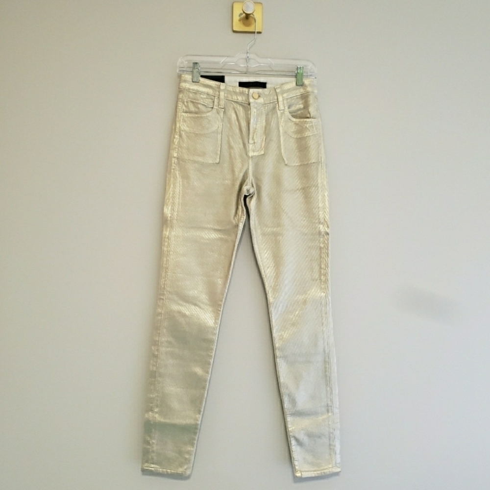 J Brand NWT Maria High Rise Skinny Jeans Women 26 Metallic Light Gold Maximalist